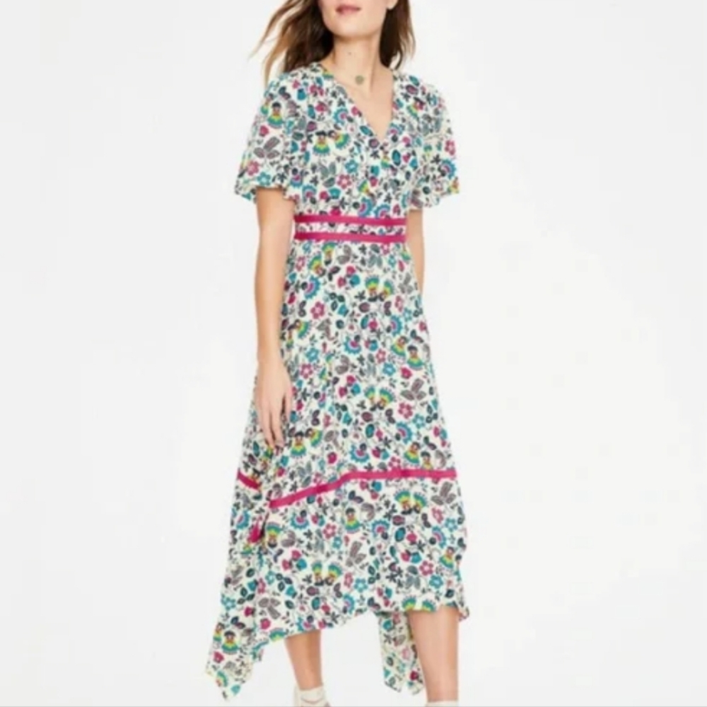 Vintage 80s 90s PERIWINKLE USA floral Modest Midi Dress Boho L ditsy Peasant